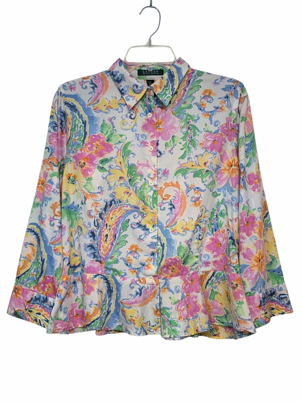 Lauren Ralph Lauren Floral Paisley Peplum Cotton Button Front Blouse Size 12